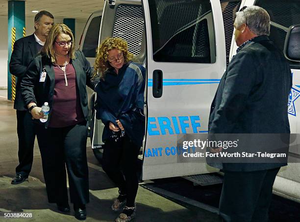 Returneing to Texas from Los Angeles, Tonya Couch, mother of "affluenza" Ethan Couch, arrives escorted by sheriff's deputies at the Tarrant County...