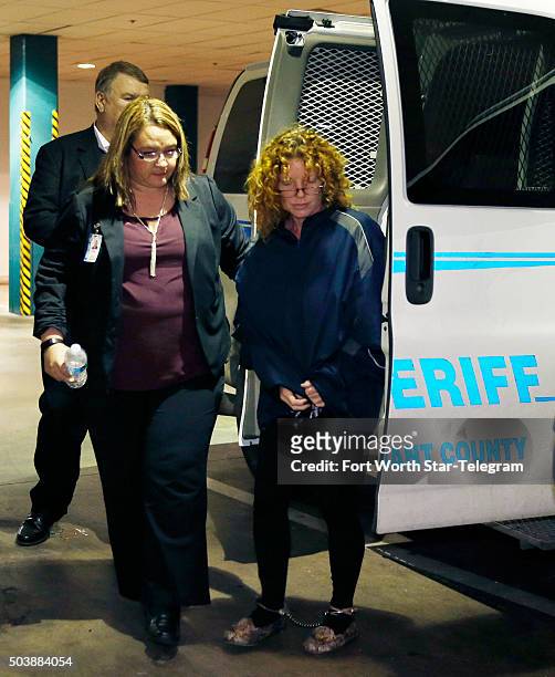 Returneing to Texas from Los Angeles, Tonya Couch, mother of "affluenza" Ethan Couch, arrives escorted by sheriff's deputies at the Tarrant County...