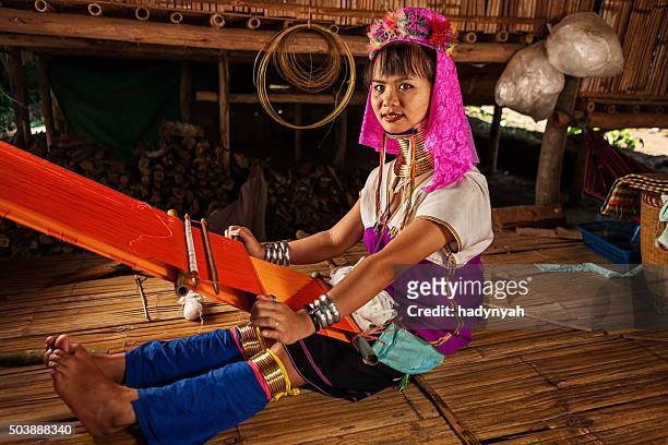woman from long neck karen tribe weaving - chiang mai province stock pictures, royalty-free photos & images