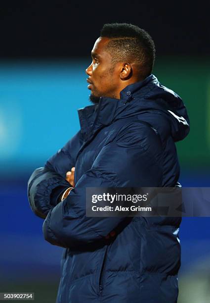 Samuel Eto'o of Antalyaspor reacts during a friendly match between VfB Stuttgart and Antalyaspor at Akdeniz Universitesi on January 7, 2016 in...