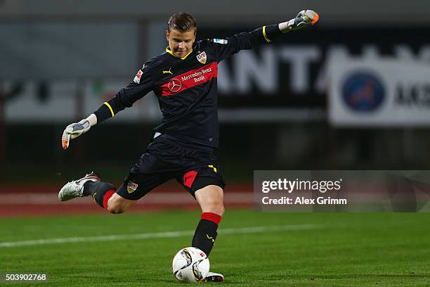 Goalkeeper Mitchell Langerak of Stuttgart shoots the ball during a friendly match between VfB Stuttgart and Antalyaspor at Akdeniz Universitesi on...