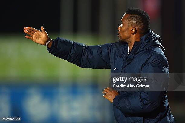 Samuel Eto'o of Antalyaspor reacts during a friendly match between VfB Stuttgart and Antalyaspor at Akdeniz Universitesi on January 7, 2016 in...