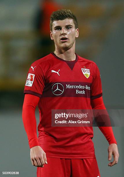 Timo Werner of Stuttgart reacts during a friendly match between VfB Stuttgart and Antalyaspor at Akdeniz Universitesi on January 7, 2016 in Antalya,...