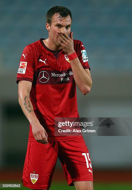 Kevin Grosskreutz of Stuttgart reacts during a friendly match between VfB Stuttgart and Antalyaspor at Akdeniz Universitesi on January 7, 2016 in...