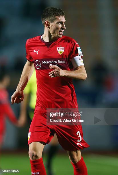 Daniel Schwaab of Stuttgart reacts during a friendly match between VfB Stuttgart and Antalyaspor at Akdeniz Universitesi on January 7, 2016 in...