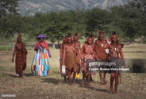 himba and herero women returning from funeral - opuwo tribe foto e immagini stock