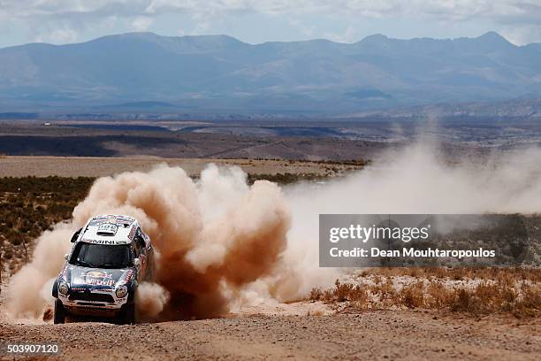 Nasser Al-Attiyah of Qatar and Matthieu Baumel of France in the MINI ALL4 RACING for AXION X-RAID TEAM compete on day 5 from Jujuy in Argentina to...