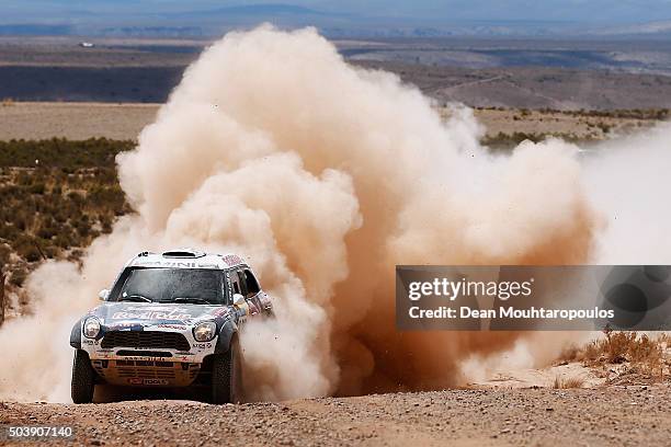 Nasser Al-Attiyah of Qatar and Matthieu Baumel of France in the MINI ALL4 RACING for AXION X-RAID TEAM compete on day 5 from Jujuy in Argentina to...