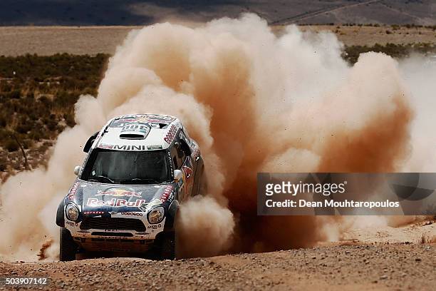 Nasser Al-Attiyah of Qatar and Matthieu Baumel of France in the MINI ALL4 RACING for AXION X-RAID TEAM compete on day 5 from Jujuy in Argentina to...