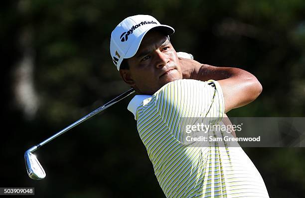 Fabian Gomez of Argentina plays his shot from the second tee during round one of the Hyundai Tournament of Champions at the Plantation Course at...
