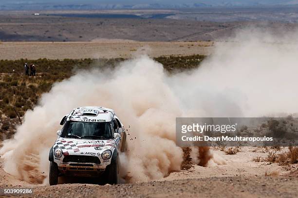 Nani Roma of Spain and Alex Bravo Haro of Spain in the MINI ALL4 RACING for AXION X-RAID TEAM compete on day 5 from Jujuy in Argentina to Uyuni in...
