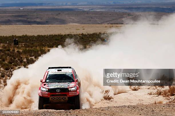 Giniel De Villiers of South Africa and Dirk Von Zitzewitz of Germany in the TOYOTA HILUX for TOYOTA GAZOO RACING compete on day 5 from Jujuy in...