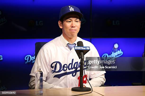 Pitcher Kenta Maeda is introduced to the Los Angeles Dodgers at Dodger Stadium on January 7, 2016 in Los Angeles, California.