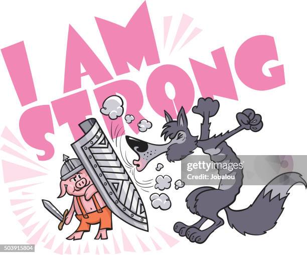 the strong little pig - cartoon wolf stock illustrations