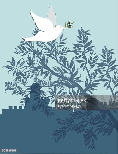 dove mit olive branch fliegt über jerusalem - seder stock-grafiken, -clipart, -cartoons und -symbole