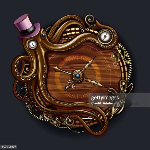 octopus steampunk clock - steampunk background stock illustrations