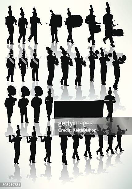 illustrazioni stock, clip art, cartoni animati e icone di tendenza di silhouette di banda che marcia - flauto