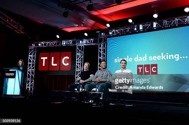 General Manager, TLC, Nancy Daniels and TV personalities Mike McGill, Paul Sanderson, and Jason Bunch of "Single Dad Seeking" speak onstage during...