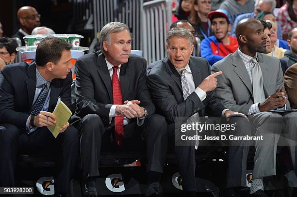 Coaches Brett Brown and Mike D'antoni of the Philadelphia 76ers look on against the Atlanta Hawks at Wells Fargo Center on January 7, 2015 in...