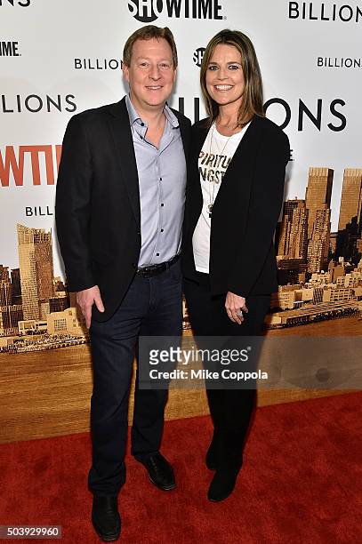 Michael Feldman and journalist Savannah Guthrie attends the Showtime series premiere of "Billions" at The New York Museum Of Modern Art on January 7,...