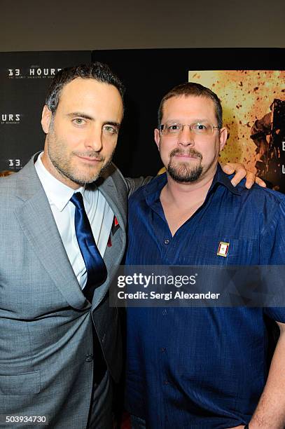 Dominic Fumusa and John Tiegen attend Miami Special Screening of "13 Hours: The Secret Soldiers of Benghazi " at Aventura Mall on January 7, 2016 in...