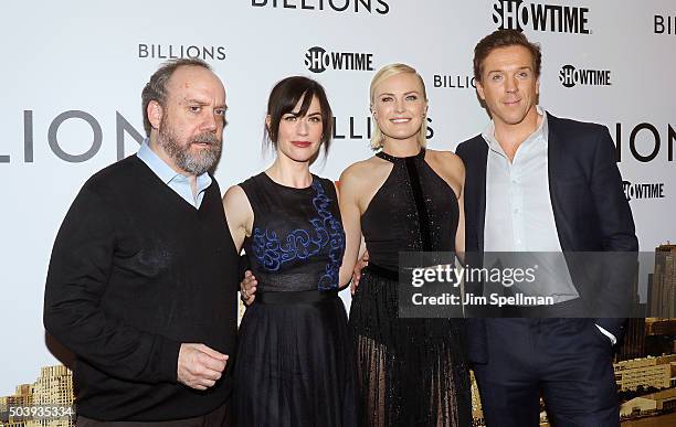 Actors Paul Giamatti, Maggie Siff, Malin Akerman and Damian Lewis attends the "Billions" series premiere at Museum of Modern Art on January 7, 2016...
