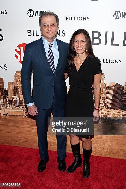 Preet Bharara and wife Dalya Bharara attend the "Billions" series premiere at the Museum of Modern Art on January 7, 2016 in New York City.