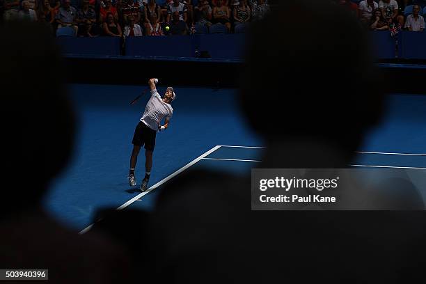 Andy Murray of Great Britain serves to Alexander Zverev of Germany in the mens singles match during day six of the 2016 Hopman Cup at Perth Arena on...