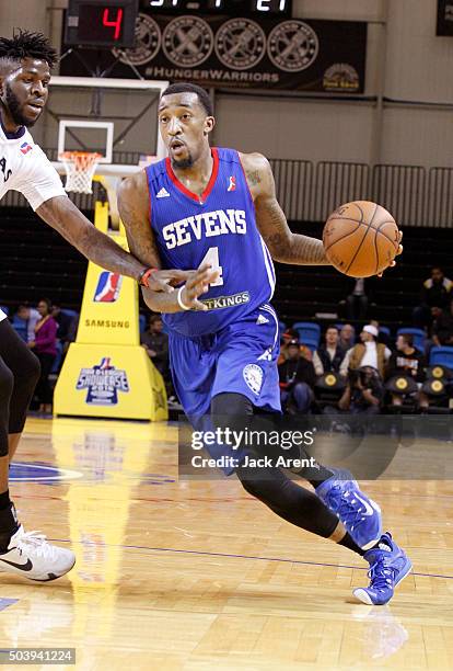 Santa Cruz Jordan McRae of the Delaware 87ers dribbles the ball against the Texas Legends during the 2016 NBA D-League Showcase presented by SAMSUNG...