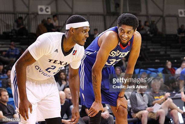 Santa Cruz Wood Christian of the Delaware 87ers shares a laugh while playing against the Texas Legends during the 2016 NBA D-League Showcase...