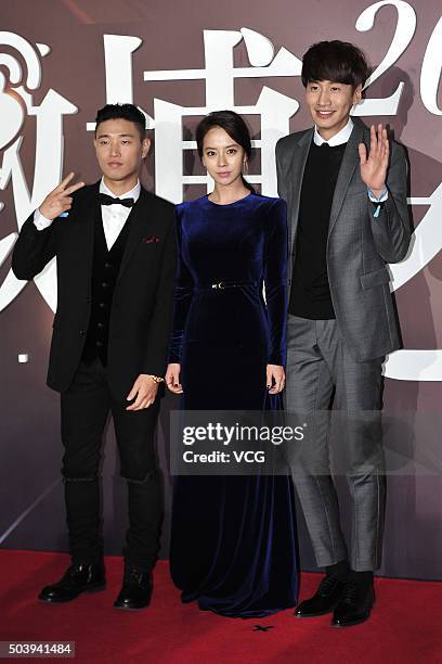 South Korea singer and host Gary, actress and hostess Song Ji Hyo, and model and actor Lee Kwang Soo arrive at the red carpet of the 2015 Sina Weibo...