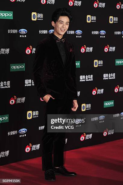 Actor Wu Lei arrives at the red carpet of the 2015 Sina Weibo Award Ceremony at China World Trade Center Tower III on January 7, 2016 in Beijing,...