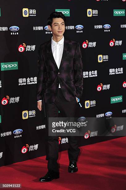 Actor Luo Yunxi arrives at the red carpet of the 2015 Sina Weibo Award Ceremony at China World Trade Center Tower III on January 7, 2016 in Beijing,...