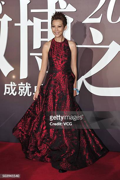 Actress Ada Choi arrives at the red carpet of the 2015 Sina Weibo Award Ceremony at China World Trade Center Tower III on January 7, 2016 in Beijing,...