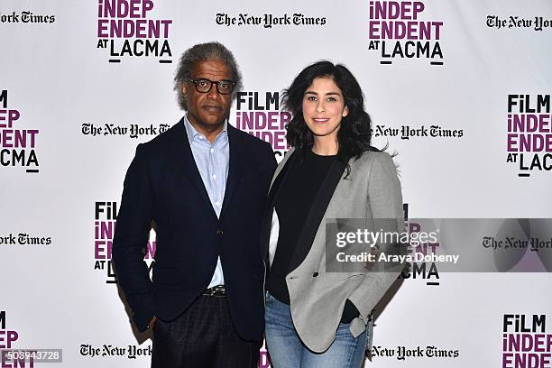 Elvis Mitchell and Sarah Silverman attend Film Independent at LACMA Presents...An Evening With Sarah Silverman at Bing Theatre At LACMA on January 7,...