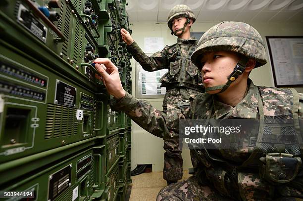 South Korean soldiers operate the loudspeakers at a studio near the border between South Korea and North Korea on January 8, 2016 in Yeoncheon, South...