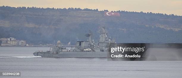 The 121 bow numbered Russian Navy's guided missile cruiser "Moskva" passes through the Dardanelles Strait in Canakkale, Turkey on January 8, 2016.