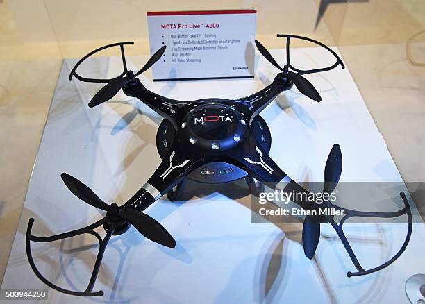 The Mota Pro Live-4000 drone is displayed at CES 2016 at the Sands Expo and Convention Center on January 7, 2016 in Las Vegas, Nevada. The drone will...