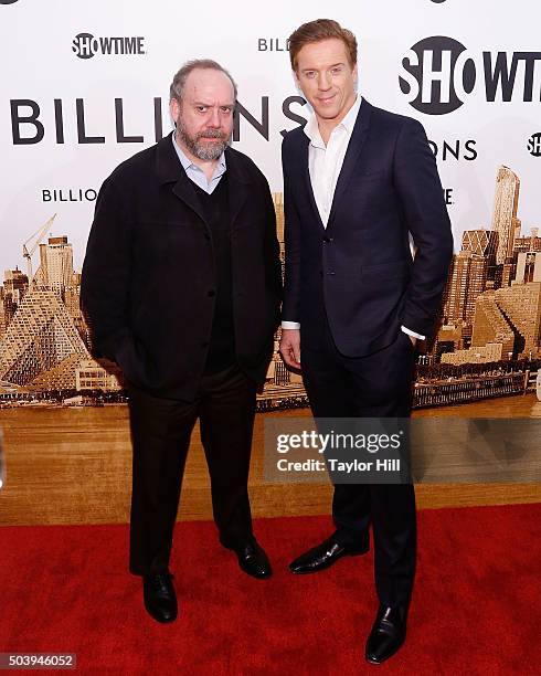 Actors Paul Giamatti and Damian Lewis attend Showtime's 'Billions' series premiere at Museum of Modern Art on January 7, 2016 in New York City.