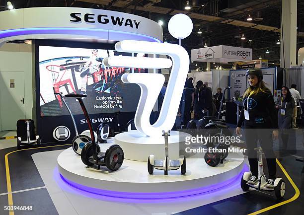 The self-balancing Ninebot Segway personal transportation robot is demonstrated at CES 2016 at the Sands Expo and Convention Center on January 7,...