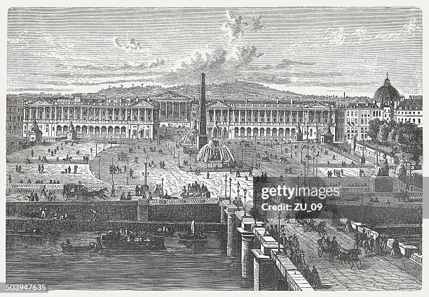 place de la concorde in paris, wood engraving, published 1880 - obelisk of luxor stock illustrations