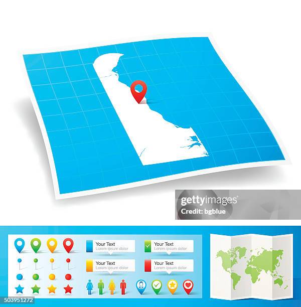 delaware map with location pins isolated on white background - delaware us state stock illustrations