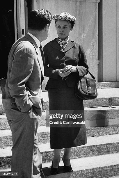 Mrs. Oveta Culp Hobby with Nelson Rockefeller, visiting Dwight D. Eisenhower's summer house.