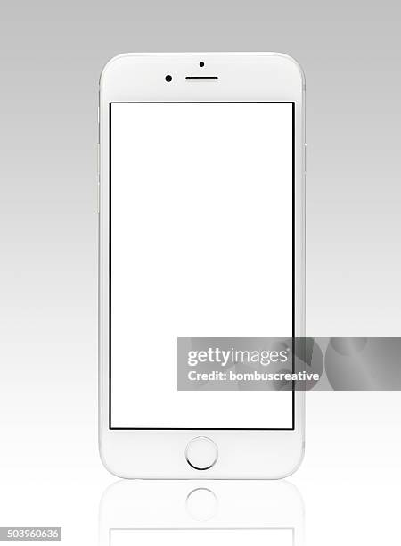 silver iphone 6, isoliert auf weiss mit leeren bildschirm - inside an apple inc iphone 6 smartphone stock-fotos und bilder