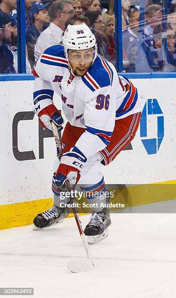 Emerson Etem of the New York Rangers skates against the Tampa Bay Lightning at the Amalie Arena on December 30, 2015 in Tampa, Florida.