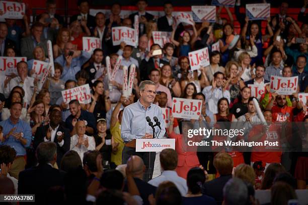 Former Florida Governor Jeb Bush announces his 2016 presidential run for the White House at the Miami Dade College Kendall Campus on June 15, 2015 in...