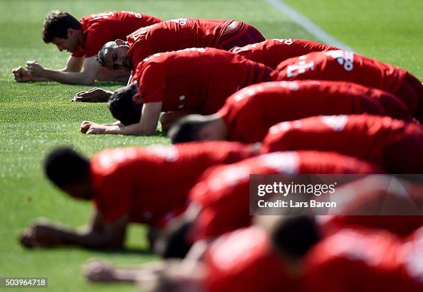 Arturo Vidal streches during a training session at day three of the Bayern Muenchen training camp at Aspire Academy on January 8, 2016 in Doha, Qatar.