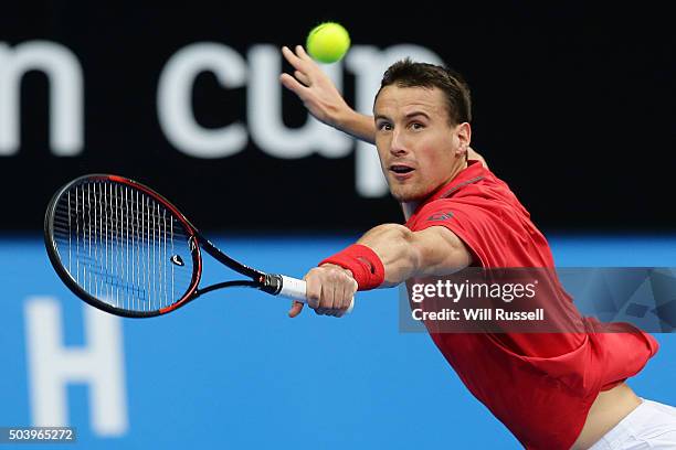 Kenny De Schepper of France plays a backhand in the men's single match against Nick Krygios of Australia Green during day six of the 2016 Hopman Cup...