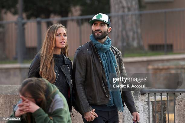 American actor Tyler Hoechlin and German model Alena Gerber sighted holding hands at Colosseum on December 20, 2015 in Rome, Italy.