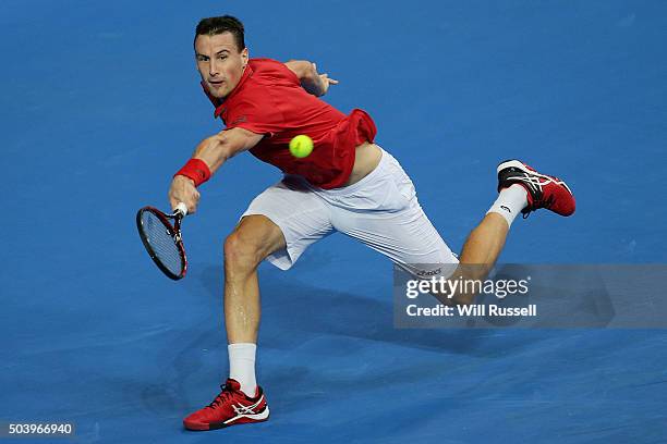 Kenny De Schepper of France plays a backhand in the men's single match against Nick Krygios of Australia Green during day six of the 2016 Hopman Cup...